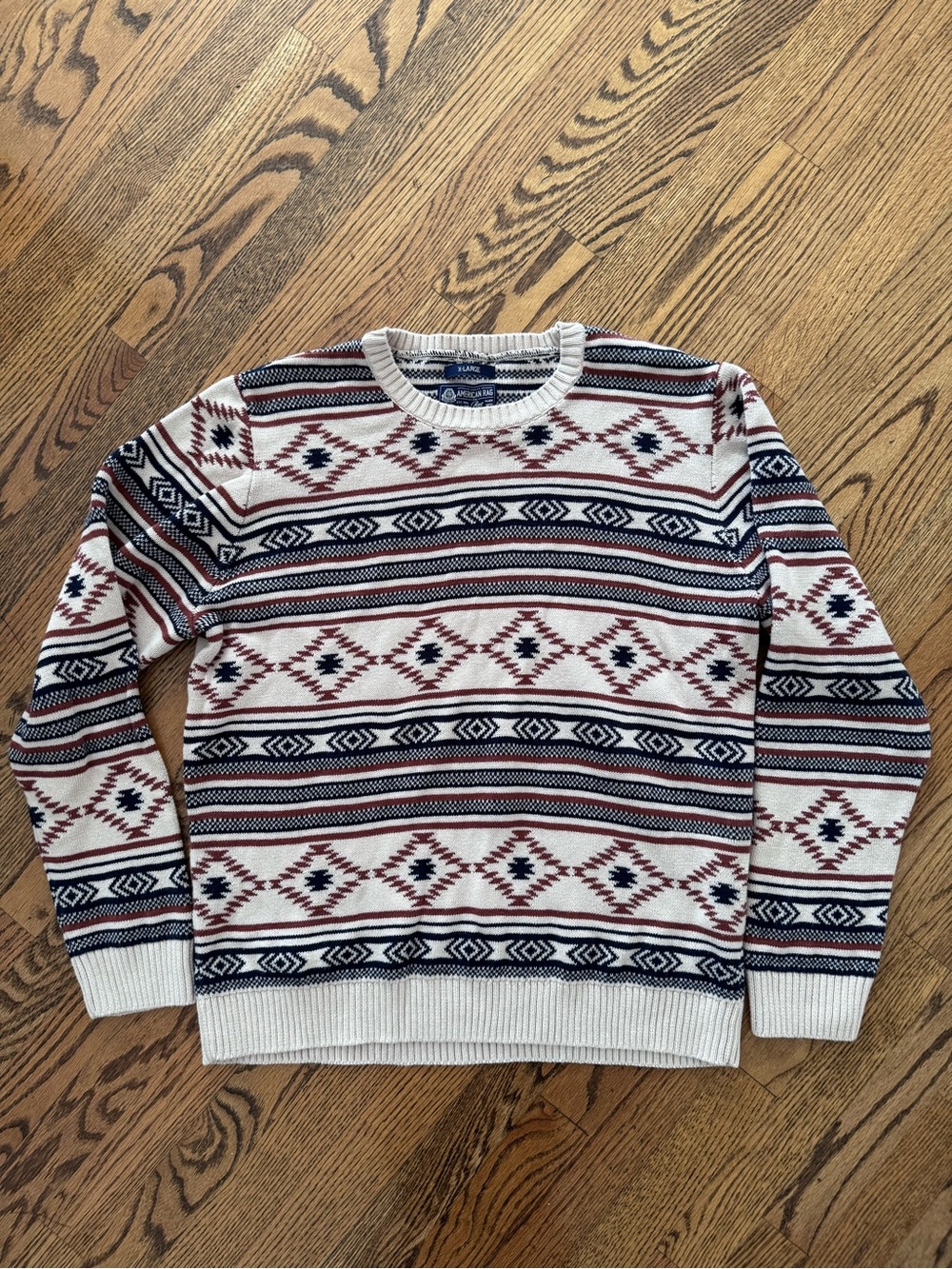 American Rag Men's Crewneck Thick Patterned Sweater in Cream, Navy & Brown